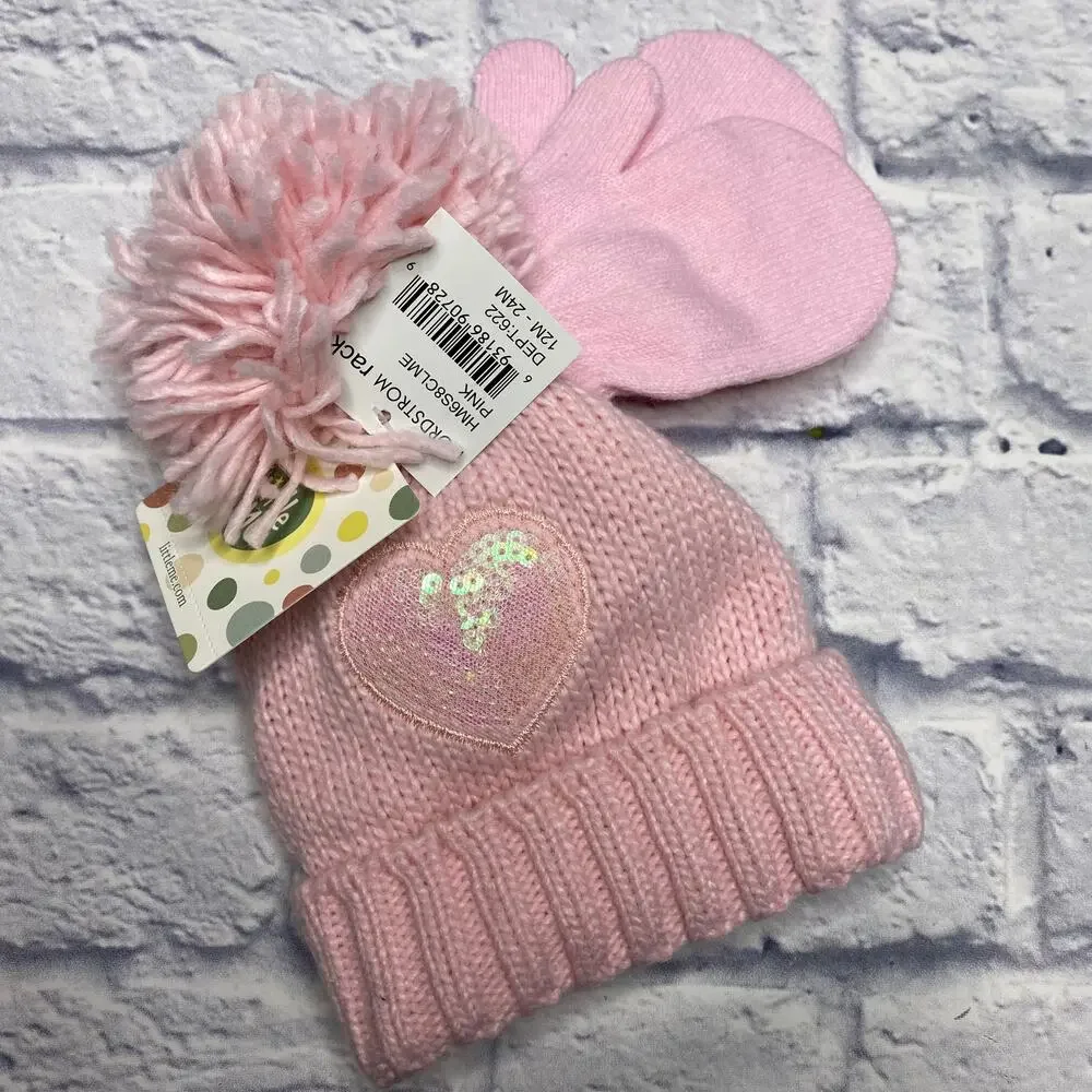 Little Me Sequin Heart Pom Pom Hat and Mitten Set in Pink